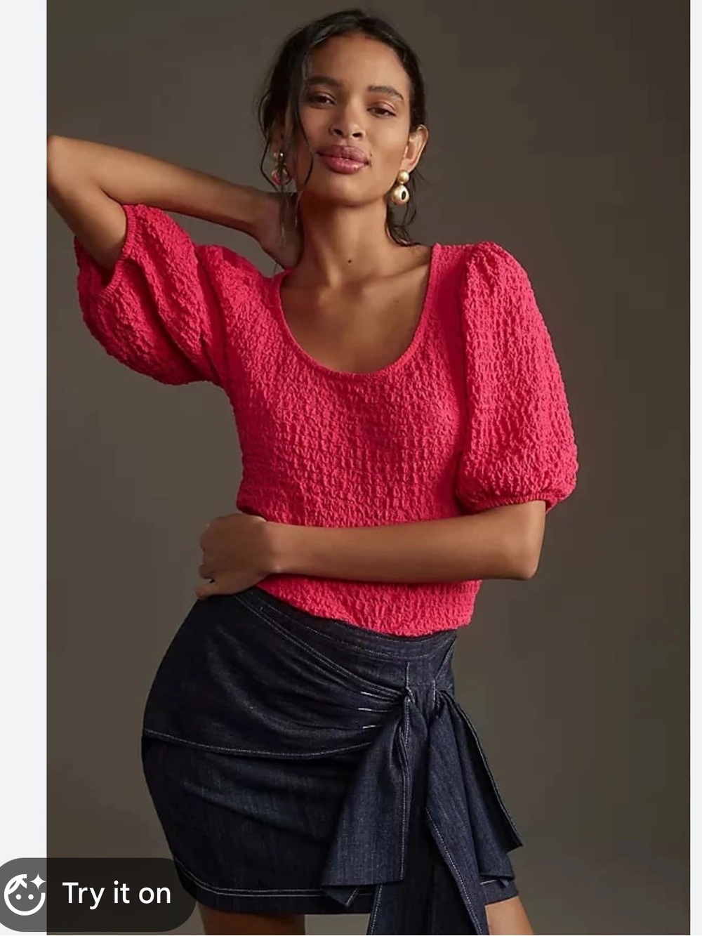 Anthropologie Maeve Textured Puff Sleeve Top in Hot Pink